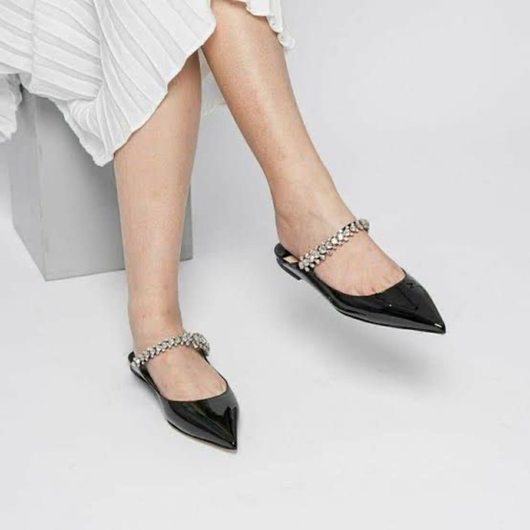 Authentic Jimmy Choo Patent Leather Flat Mules With Crystal Strap Black Size 39 - Picture 3 of 15